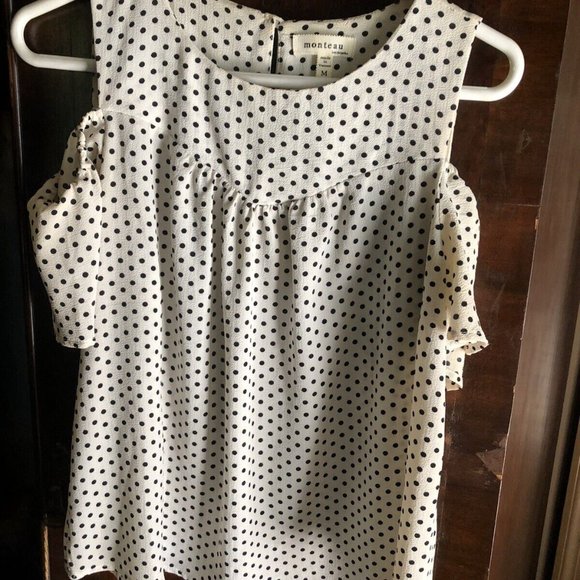 Monteau La Black and White Polka Dot Cold Shoulder Blouse SALE 40% OFF AS MARKED - Picture 2 of 7